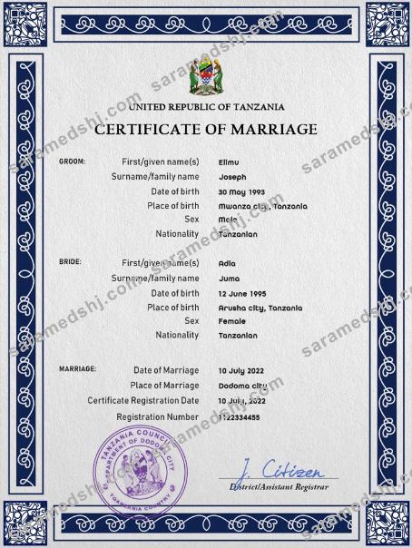 Tanzania marriage certificate PSD template